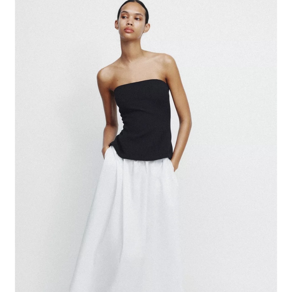 ❤️ ZARA STRAPLESS MIDI BLACK & WHITE DRESS SIZE XS